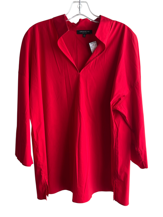 Lafayette 148 Size L Red Cotton Blend Standing Collar 3/4 Sleeve Solid Top Red / L