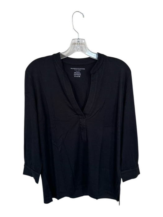 Majestic Filatures Size 3/L Black Viscose Blend Long Sleeve Split Neck Top Black / 3/L