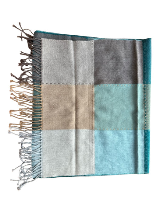 Taupe & Blue Cashmere & Wool Patchwork Fringe scarf Taupe & Blue / L