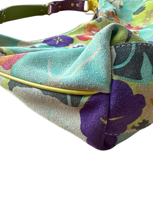 Etro Green & Purple Suede Flowers Shoulder Strap Zip Close Bag Green & Purple / M