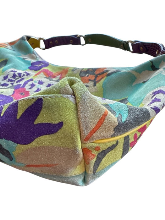 Etro Green & Purple Suede Flowers Shoulder Strap Zip Close Bag Green & Purple / M