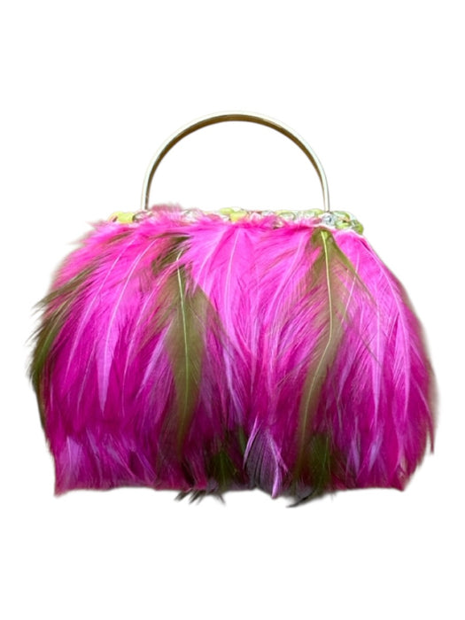 Moo Roo Pink & Green Feathers Stones Hinge Top Handle Bag Pink & Green / XS