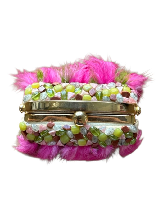 Moo Roo Pink & Green Feathers Stones Hinge Top Handle Bag Pink & Green / XS