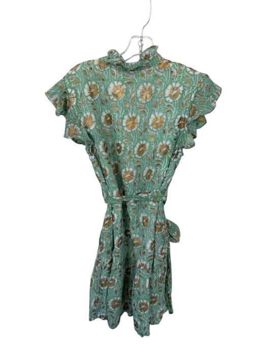 Oliphant Size M Sage & Gold Cotton Flutter Sleeves Botanical Metallic Dress Sage & Gold / M