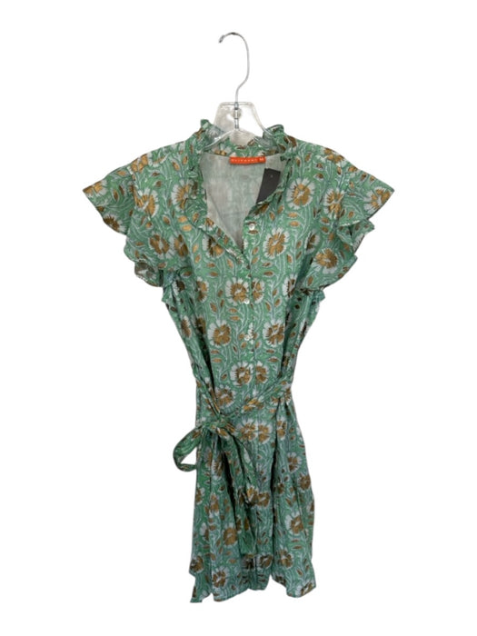Oliphant Size M Sage & Gold Cotton Flutter Sleeves Botanical Metallic Dress Sage & Gold / M