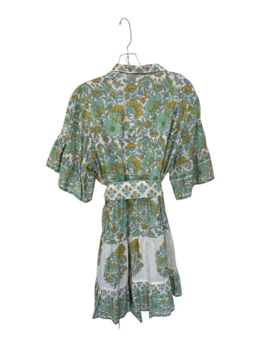 Sue Sartor Size XL Green & Yellow Cotton Long Bell Sleeve Botanical Dress Green & Yellow / XL