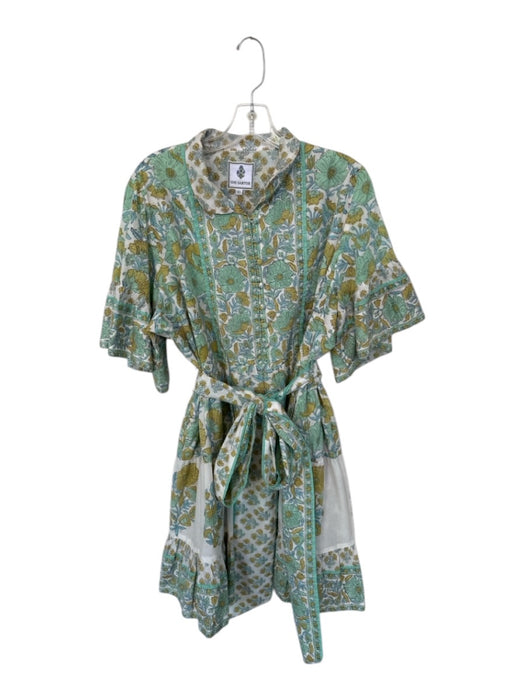 Sue Sartor Size XL Green & Yellow Cotton Long Bell Sleeve Botanical Dress Green & Yellow / XL