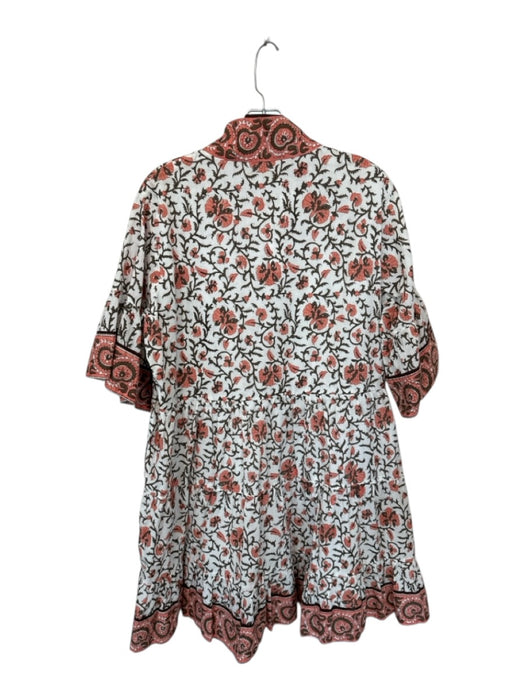 Sue Sartor Size XL White & Peach Cotton Long Bell Sleeve Botanical Buttons Dress White & Peach / XL