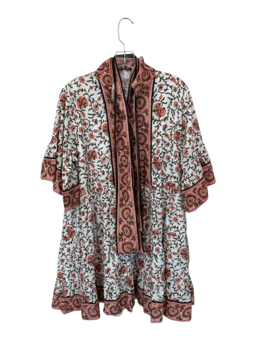 Sue Sartor Size XL White & Peach Cotton Long Bell Sleeve Botanical Buttons Dress White & Peach / XL