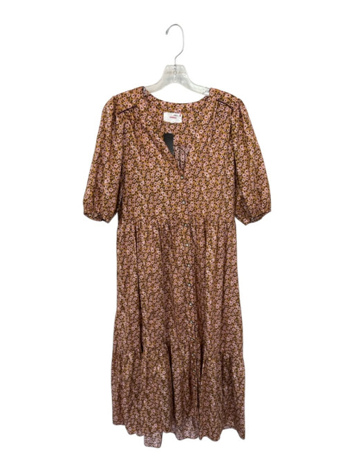 XiRENA Size L Tan & Pink Cotton 3/4 Balloon Sleeve Botanical Button Down Dress Tan & Pink / L