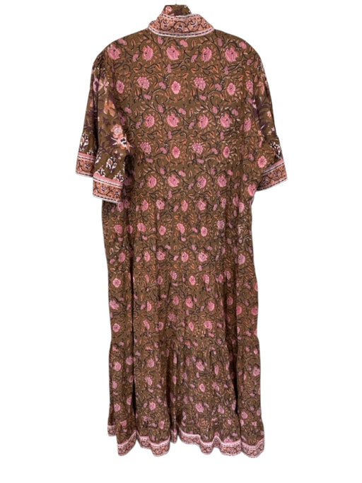 Sue Sartor Size XL Brown & Pink Cotton Short Bell Sleeve Botanical Buttons Dress Brown & Pink / XL