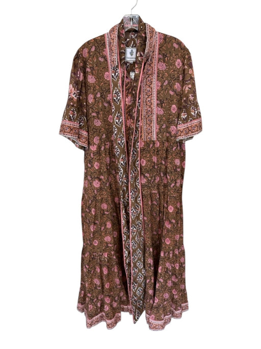 Sue Sartor Size XL Brown & Pink Cotton Short Bell Sleeve Botanical Buttons Dress Brown & Pink / XL