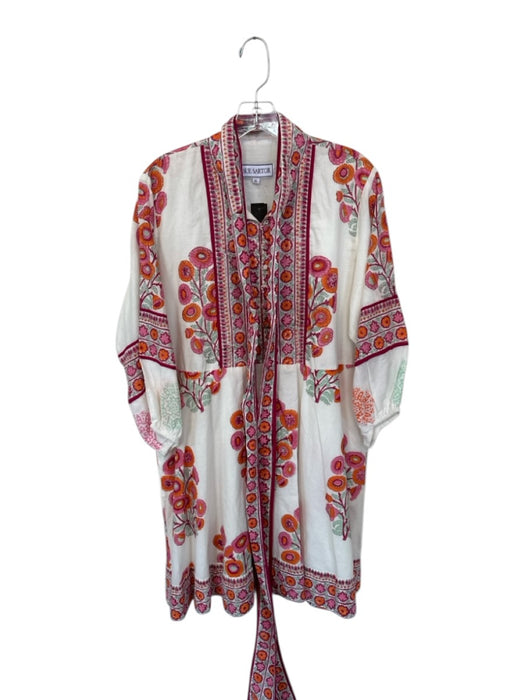 Sue Sartor Size XL White & Magenta Cotton Long Bell Sleeve Botanical Dress White & Magenta / XL