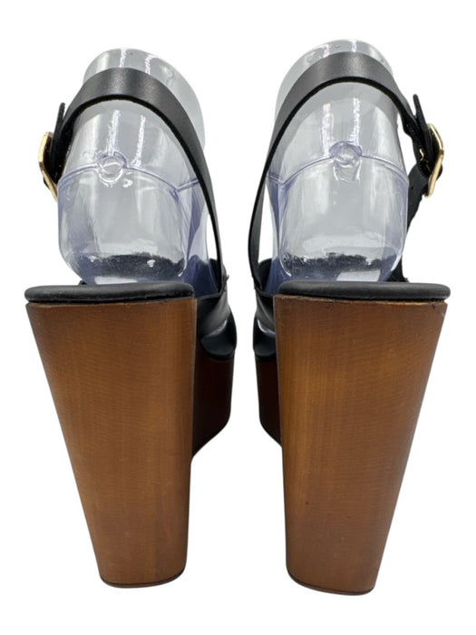 Steve Madden Shoe Size 38 Black & Brown Leather Upper Wood Sole Slingback Wedges Black & Brown / 38