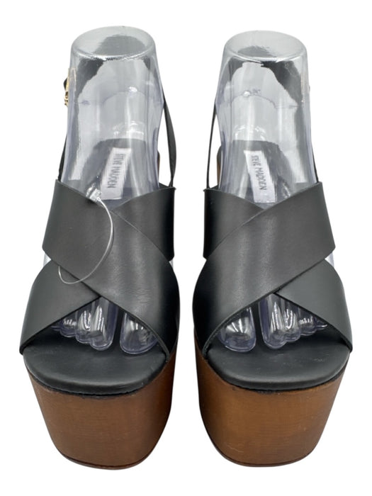 Steve Madden Shoe Size 38 Black & Brown Leather Upper Wood Sole Slingback Wedges Black & Brown / 38