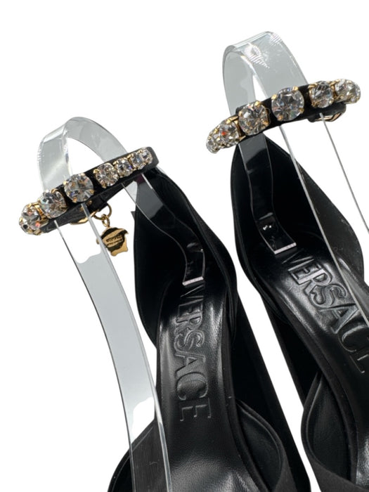 Versace Shoe Size 37 Black Satin Bedazzled Ankle Strap Platform Pumps Black / 37