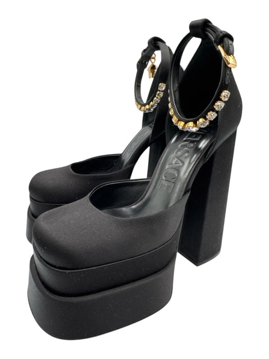 Versace Shoe Size 37 Black Satin Bedazzled Ankle Strap Platform Pumps Black / 37