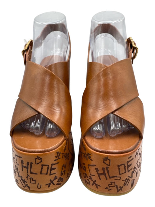 Chloe Shoe Size 38 Brown Leather Criss Cross Doodle Graphic Print Wedges Brown / 38
