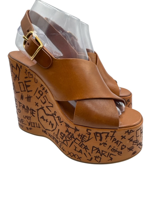 Chloe Shoe Size 38 Brown Leather Criss Cross Doodle Graphic Print Wedges Brown / 38