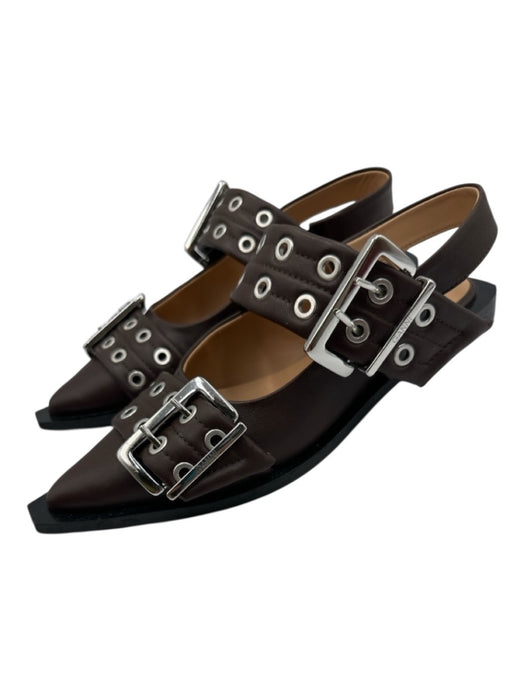 Ganni Shoe Size 38 Brown, Silver & Black Leather Silver Hardware Buckle Sandals Brown, Silver & Black / 38