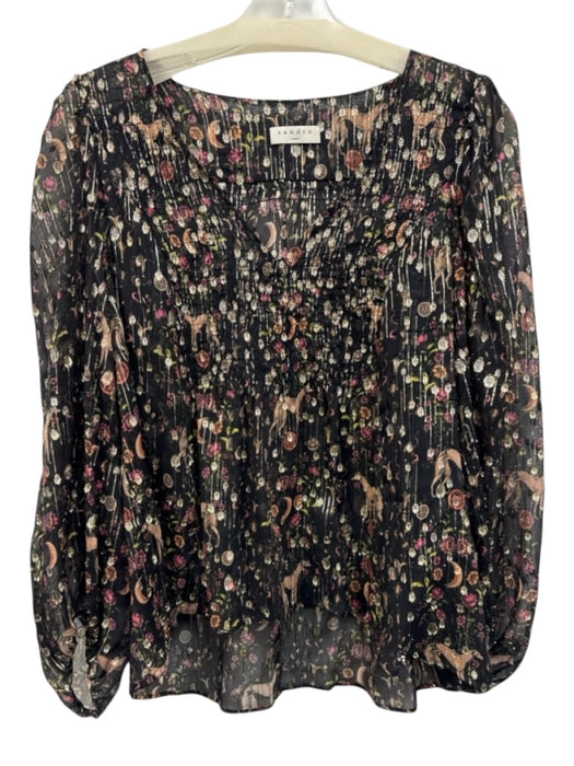 Sandro Size S Black, Gold, Multi Silk & Metallic Short Sleeve Abstract Print Top Black, Gold, Multi / S