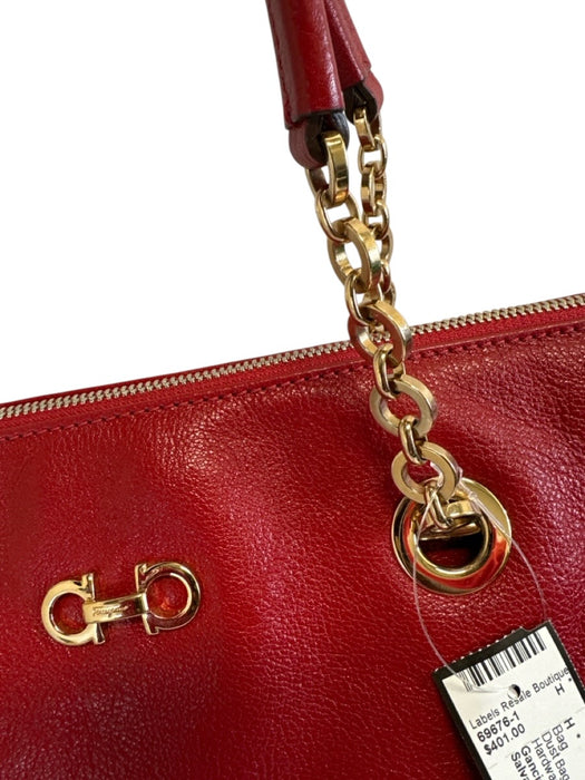 Salvatore Ferragamo Red Leather Gold Tone Hardware Chain Detail Zip Top Bag Red