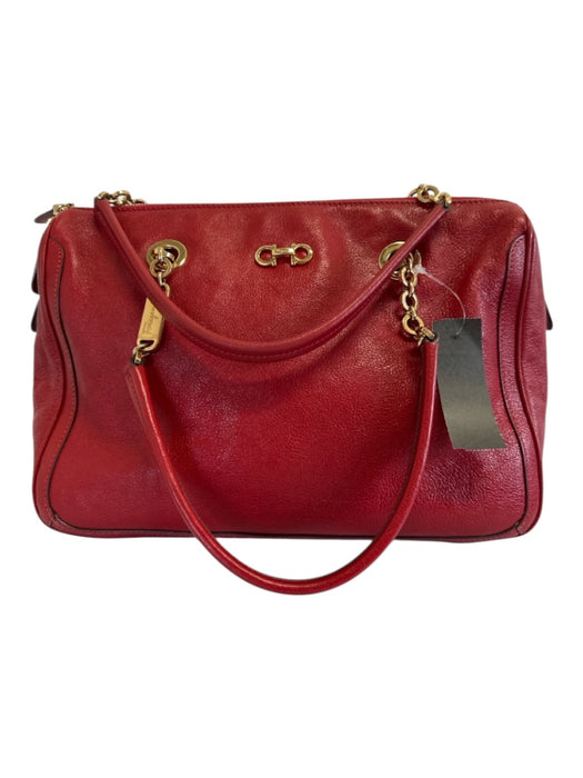 Salvatore Ferragamo Red Leather Gold Tone Hardware Chain Detail Zip Top Bag Red
