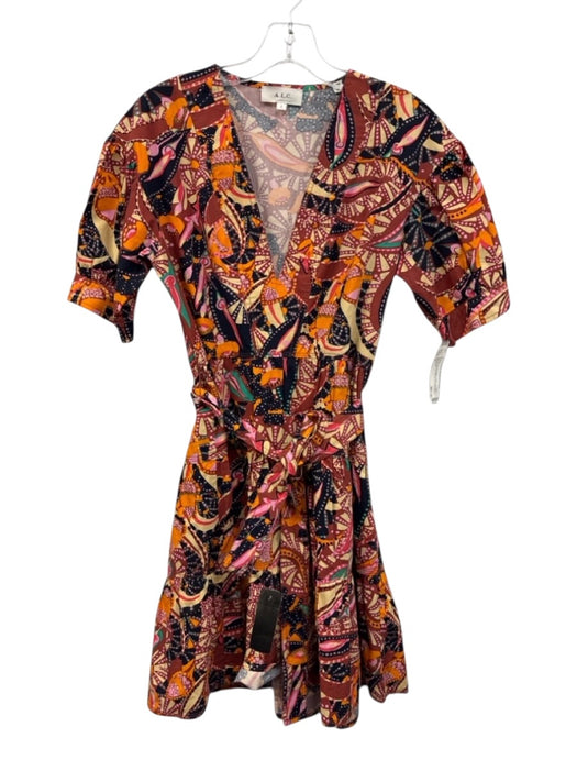 A.L.C. Size 2 Orange, Red & Multi Cotton Abstract Print Short Puff Sleeve Dress Orange, Red & Multi / 2