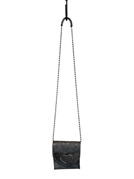 Leatherock Silver Crackled Leather Beaded Chain Snap Closure Hearts Bag Silver / Mini