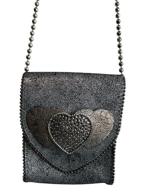 Leatherock Silver Crackled Leather Beaded Chain Snap Closure Hearts Bag Silver / Mini