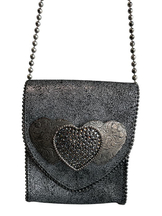 Leatherock Silver Crackled Leather Beaded Chain Snap Closure Hearts Bag Silver / Mini