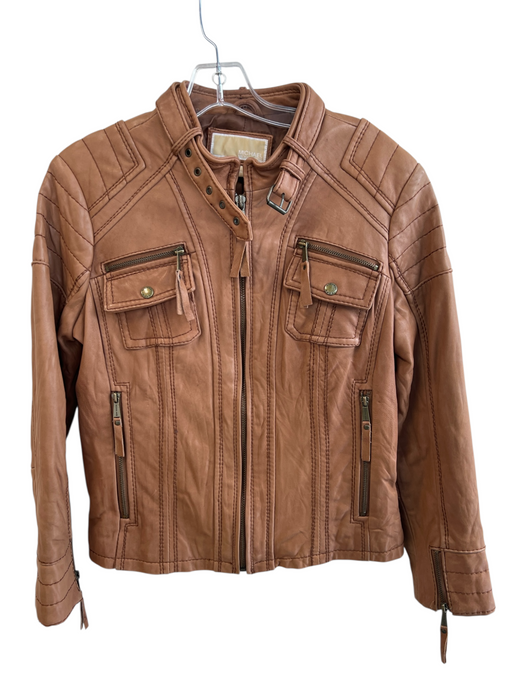 Michael Michael Kors Size Medium Tan Leather Front Zip Zip Pocket Moto Jacket Tan / Medium