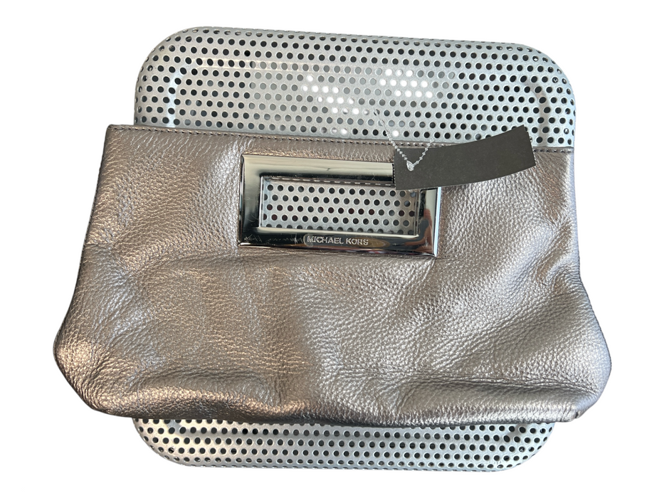 Michael Kors Silver Leather Square Handle Snap Closure Handbag Bag Silver / Small