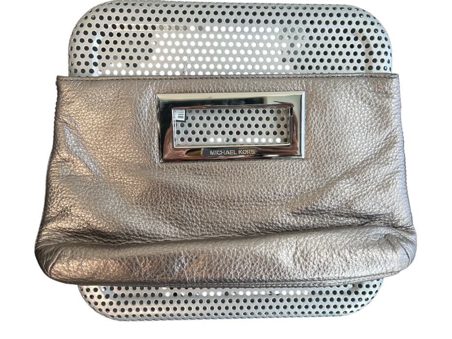 Michael Kors Silver Leather Square Handle Snap Closure Handbag Bag Silver / Small
