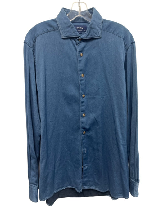 Eton Size L Blue Cotton Solid Button Down Men's Long Sleeve Shirt Blue / L