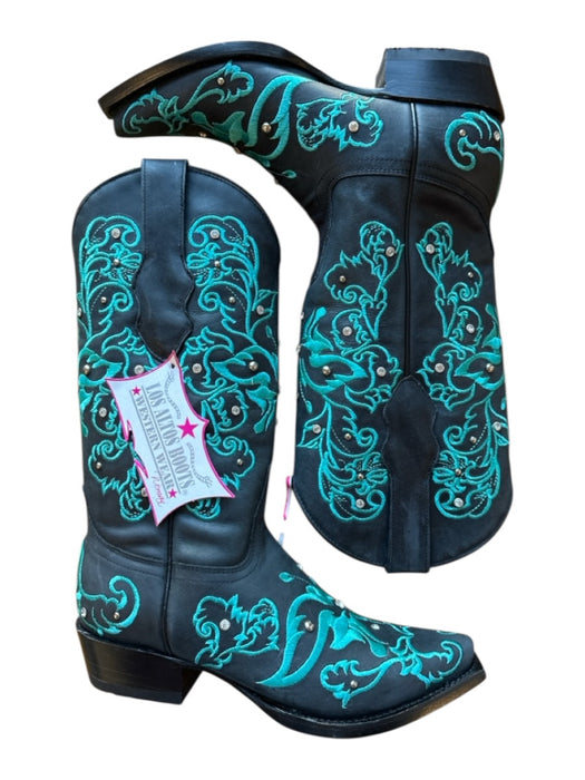 Los Altos Shoe Size 6.5 Black & Teal Leather Rhinestone Embroidered Boots Black & Teal / 6.5