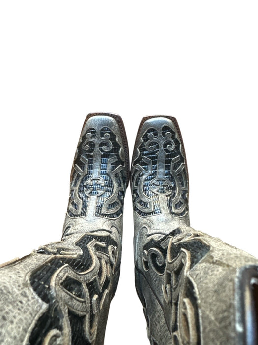 Tanner Mark Boots Shoe Size 7 Gray & Black Leather Lizard Cut Outs Cowboy Boots Gray & Black / 7
