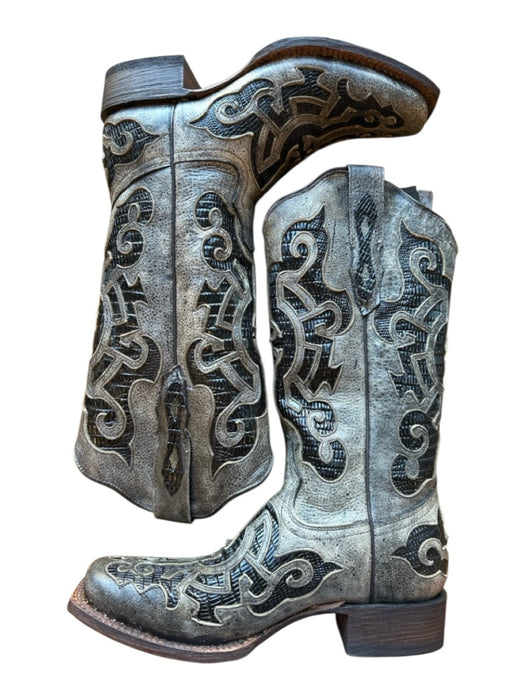 Tanner Mark Boots Shoe Size 7 Gray & Black Leather Lizard Cut Outs Cowboy Boots Gray & Black / 7