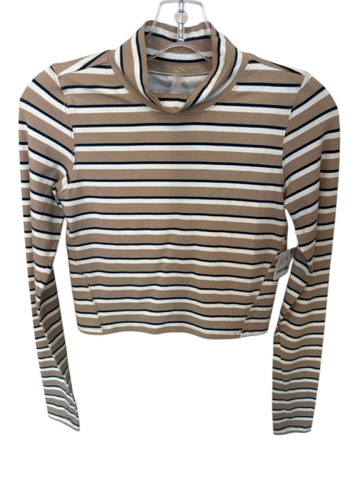FP Movement Size XS Tan & Navy Cotton Blend Mock Neck Striped Long Sleeve Top Tan & Navy / XS