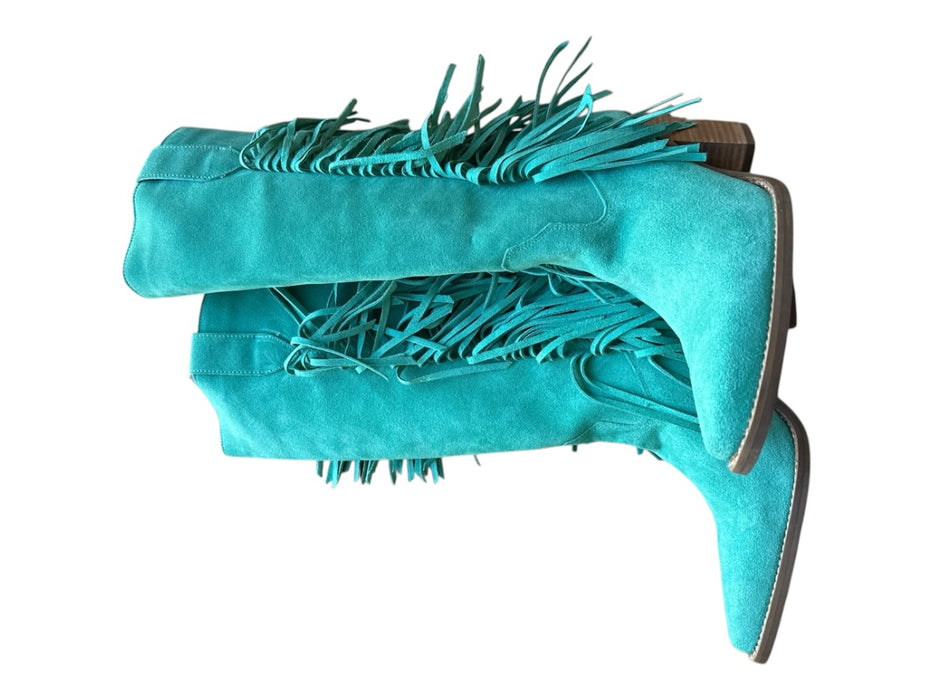 Dingo Shoe Size 9 Teal Leather Suede Block Heel Pointed Toe Knee Length Boots Teal / 9