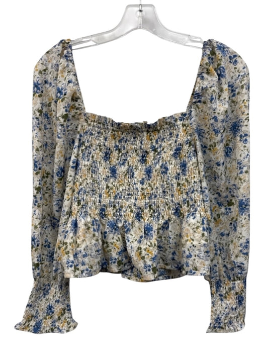 En Saison Size S White, Blue & Multi Polyester Floral Long Sleeve Smocked Top White, Blue & Multi / S