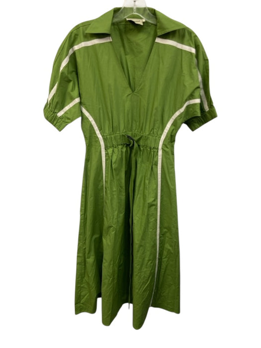Lovebirds Size S Green & Beige Cotton Shirt Dress V Neck Short Sleeve Midi Dress Green & Beige / S