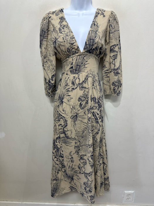 Love The Label Size S Beige & Navy Cotton Long Sleeve Floral Deep v neck Dress