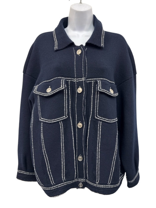 BARRIE Size XS/S Navy Cashmere Blend Buttons White Stitch Detail Knit Jacket Navy / XS/S