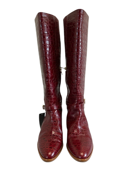 Sarah Flint Shoe Size 42 Red Leather Croc Embossed Round Toe Stacked Heel Boots Red / 42