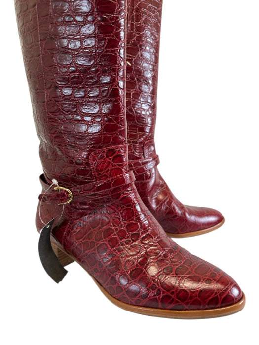 Sarah Flint Shoe Size 42 Red Leather Croc Embossed Round Toe Stacked Heel Boots Red / 42