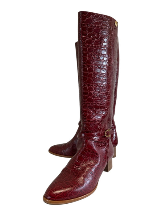 Sarah Flint Shoe Size 42 Red Leather Croc Embossed Round Toe Stacked Heel Boots Red / 42