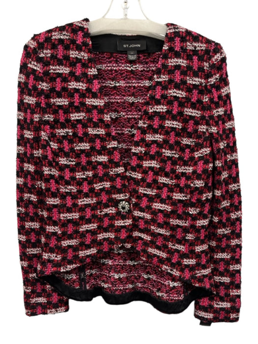 St. John Size 6 Pink, Red, Black Rayon Blend Long Sleeve Knit One Button Sweater Pink, Red, Black / 6