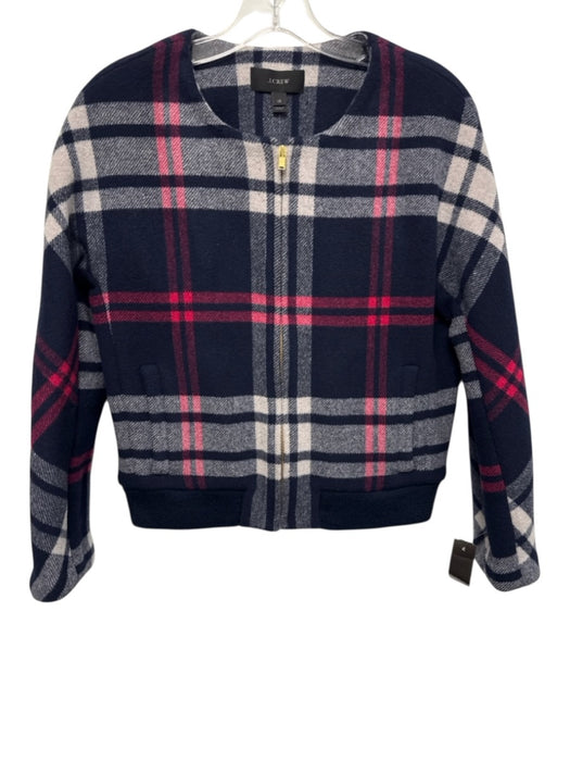 J. Crew Size XS Navy blue, pink & white Wool Blend Plaid Zip Front Jacket Navy blue, pink & white / XS