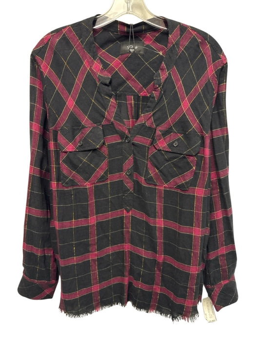 Rails Size L Black, Purple, Gold Rayon & Linen Long Sleeve Plaid Half Button Top Black, Purple, Gold / L